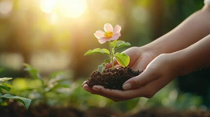Fototapeta premium Mindful gardening experience with a person holding a beautiful flower in their hands surrounded by nature's beauty