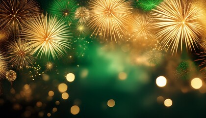Gold and green Fireworks and bokeh in New Year eve and copy space Abstract background holiday