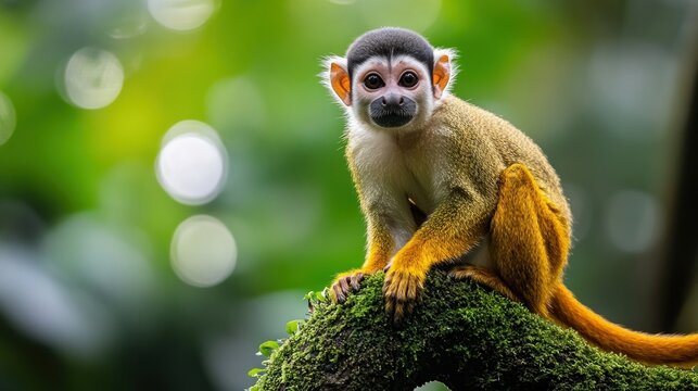 Close-up of a squirrel monkey in a lush rainforest - Powered by Adobe