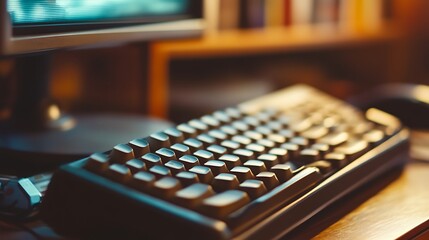 Close-up of a black computer keyboard on a wooden desk, with blurred bookshelves in the background and soft, warm lighting creating a cozy workspace atmosphere