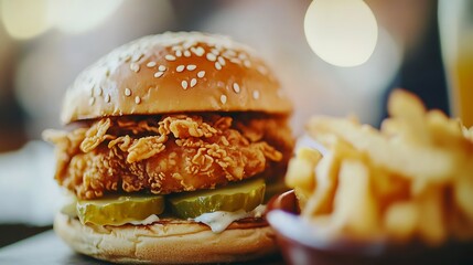 Close-up of a delicious fried chicken burger with crispy coating, pickles, and mayonnaise, served alongside golden fries in a warm atmosphere