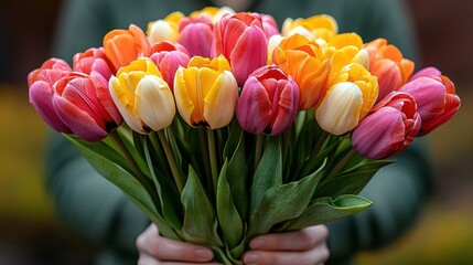 Vibrant tulip bouquet held close