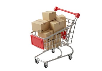 Shopping cart filled with boxes for delivery and shipment isolated on white background