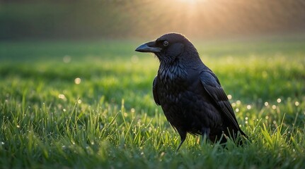 Fototapeta premium Solitary crow in a contemplative mood standing on green grass during sunset