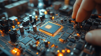 Close-up of a hand delicately adjusting components on a circuit board with illuminated elements showcasing intricate electronic designs and technology