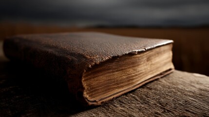 An old bible with yellow pages and a worn cover on a wooden surface in a cinematic landscape.