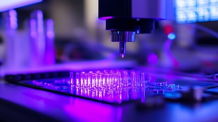 Close-up of a high-tech scientific instrument in a laboratory, featuring intricate details with vibrant purple lighting and blurred background elements