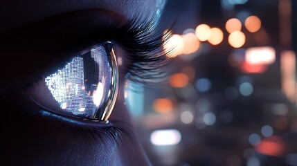 Close-up of a human eye reflecting colorful city lights, showcasing vibrant hues and intricate details, emphasizing a sense of wonder and exploration in an urban environment at night