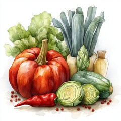 Watercolor Vegetables Set Pumpkin Artichoke Leek Red Pepper Onion Potato Fresh Collection