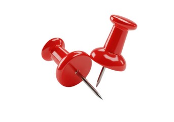 Close up of two shiny crimson pushpins on a plain surface isolated on white background