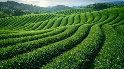 Rolling green hills of terraced farmland.