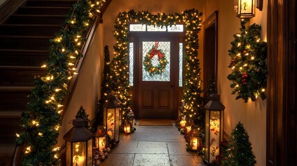 Festive Christmas entryway garland wrapped staircase glowing lantern warmly lit doorway vintage holiday decor welcoming cozy ambiance