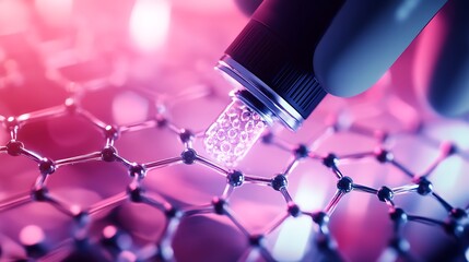 Close-up of a laboratory hand holding a laser device focusing on a molecular structure illuminated in vibrant purple hues, symbolizing advanced scientific research and technological innovation