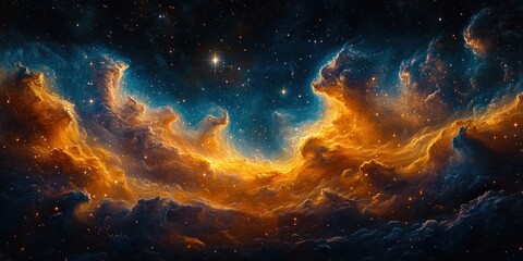 Obraz premium Breathtaking Cosmic Nebula and Bright Stars Dramatic Light Shadow Contrast in Panoramic Equirectangular Projection