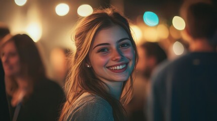 Fototapeta premium A joyful young woman smiles at the camera, surrounded by friends at a social event. The blurred background creates a bokeh effect, perfect for text overlay.