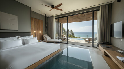 Modern minimalist hotel room with a private infinity pool merging into the ocean view - Sleek, reflective surfaces