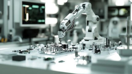 Close-up of a robotic arm assembling electronic components on a circuit board in a high-tech laboratory with blurred screens in the background