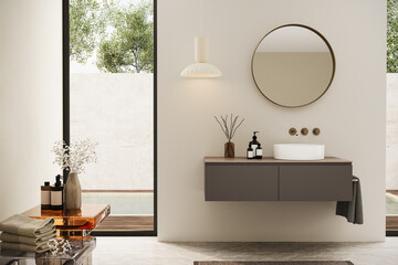 Japandi bathroom with earthy brown vanity, organic accessories, and a freestanding bathtub.  3D architectural render.