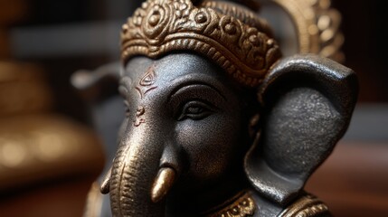 Obraz premium Close-up of an elephant statue associated with the god Ganesha in Indian culture. Elephant statue symbolizing prosperity.