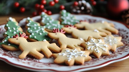 Fototapeta premium Festive holiday cookies a decorative Christmas plate A tray of homemade Christmas cookies shaped like reindeer snowflakes and Christmas trees