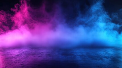 Naklejka premium Abstract neon background featuring smoke and fog on a dark concrete floor, illuminated by glowing blue, pink, and purple lights in an empty room. Ideal for banners, wallpapers, or posters.