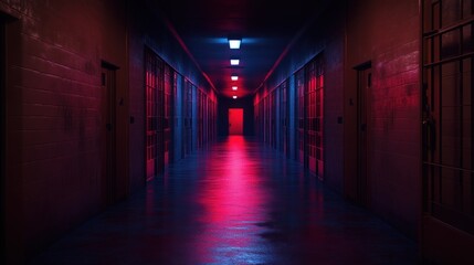 Fototapeta premium Moody Corridor with Neon Lights Atmospheric Hallway Scene for Mystery Horror and Suspense Th