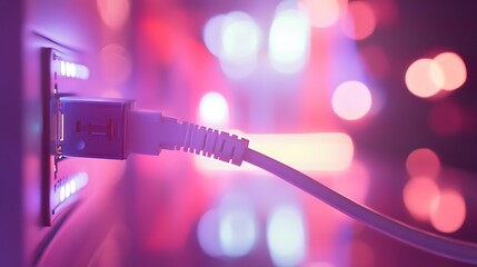 Close-up of a white Ethernet cable plugged into a modern wall socket illuminated by colorful bokeh lights, creating a vibrant and energetic atmosphere