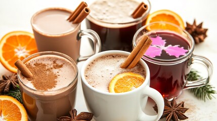 Festive hot drinks variety selection of winter beverages including hot chocolate mulled wine and spiced tea decorated with cinnamon sticks and orange slices