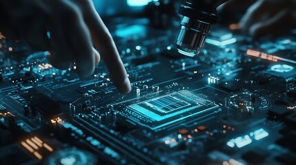 Close-up of hands examining a complex circuit board under a microscope with bright blue lights highlighting various components