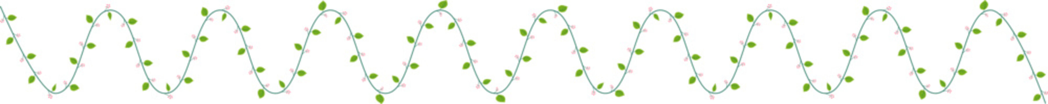 A line with nine wave-like curves, decorated with a bunch of leaves and small fruits or flowers.