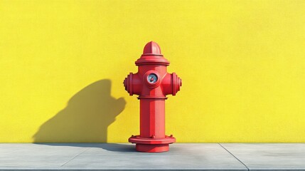 Vibrant Red Fire Hydrant Against a Bold Yellow Background Urban Street Scene Minimalist Desig