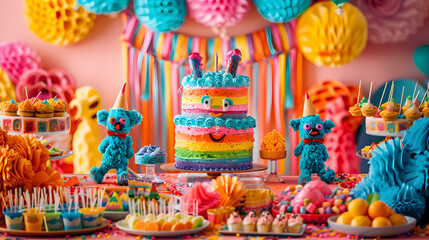Naklejka premium Vibrant birthday party featuring a colorful piñata and a table full of cakes, creating a fun and festive atmosphere for a lively and joyful celebration