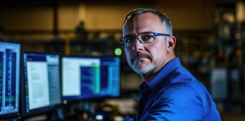 Focused professional in a tech environment, analyzing data on multiple monitors at night