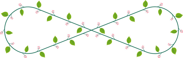Fototapeta premium Two opposite curves forming an infinity symbol, decorated with a bunch of leaves and small fruits or flowers.