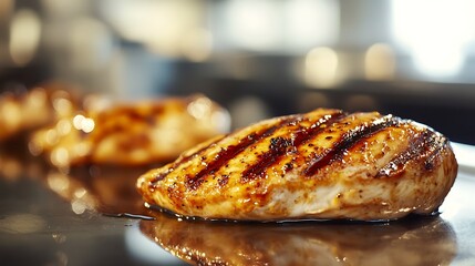 Close-up of grilled chicken breast fillets coated in a shiny glaze, served on a stainless steel surface with a blurred kitchen background