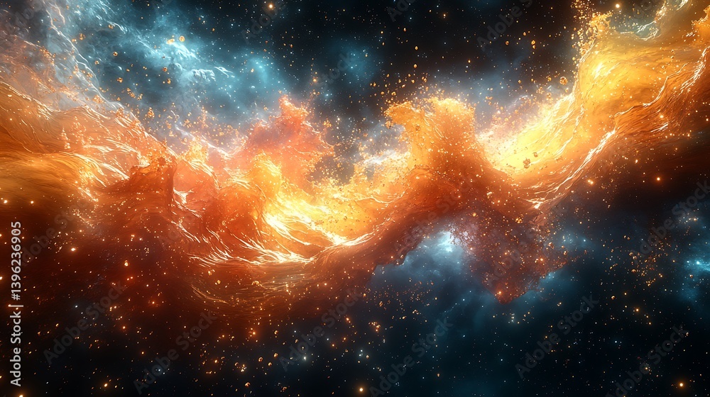 Wall mural an explosion of liquid metallic colors splashing across a vast dark void, forming intricate fractal 