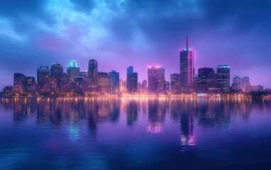 Fototapeta premium Detroit City Skyline Night View from Windsor Ontario Reflected in Water with Neon Lights and Futuristic Architecture