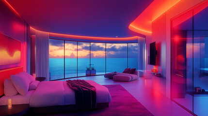 Modern luxury room with smart lighting, touch-panel controls, and a panoramic ocean view - Futuristic, sleek