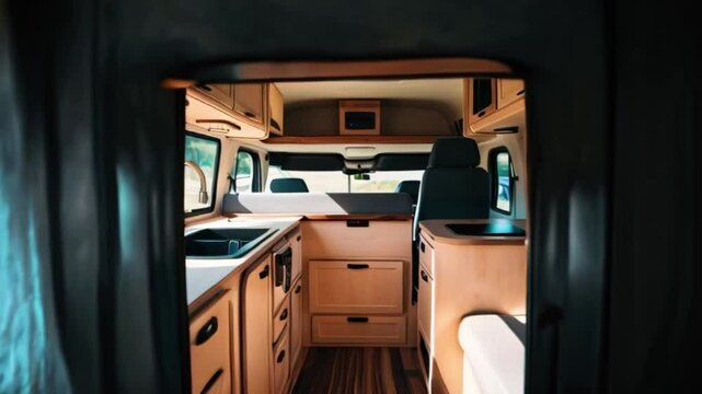 Cozy and well-designed interior of a camper van or RV with a designated kitchen area and sink, Interior of camper van, Interior of kitchen in motor home, created with generative ai