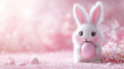 Adorable 3D cartoon fluffy bunny with sparkling eyes holding a pastel Easter egg in soft sunlight, standing on a bright cheerful modern background, symbolizing innocence and spring joy.

