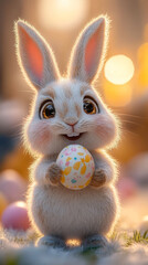 Adorable 3D cartoon fluffy bunny with sparkling eyes holding a pastel Easter egg in soft sunlight, standing on a bright cheerful modern background, symbolizing innocence and spring joy.

