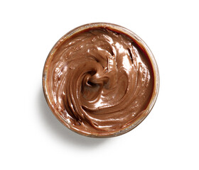 Bowl of sweet chocolate spread on white background