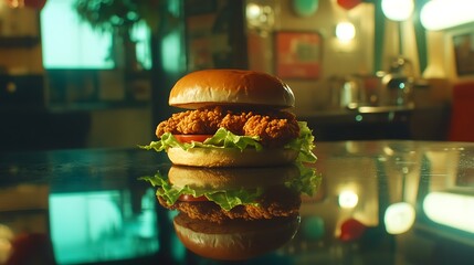 Close-up of a crispy fried chicken sandwich on a reflective surface with lettuce and tomato in a retro diner setting with vibrant lighting