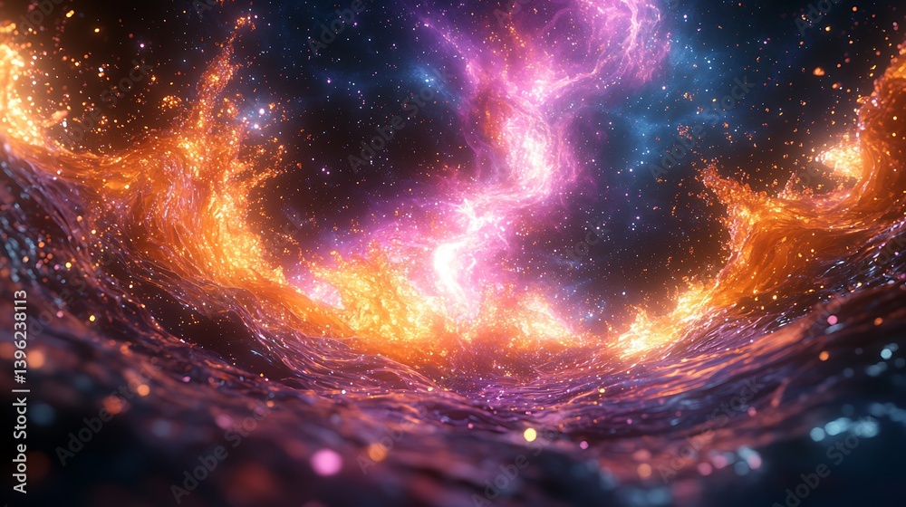 Wall mural an explosion of liquid metallic colors splashing across a vast dark void, forming intricate fractal 