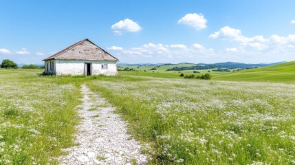Obraz premium Rustic cottage nestled in a meadow under a vibrant sky. A pathway leads to the old, weathered home, surrounded by a field of wildflowers