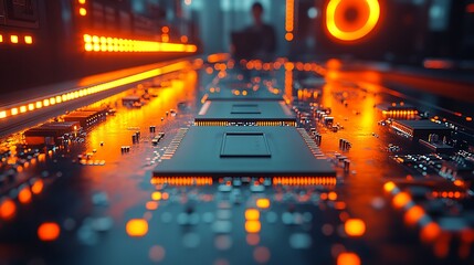 Close-up view of a futuristic circuit board illuminated with vibrant orange and blue LED lights, showcasing intricate details and technology in a modern digital environment