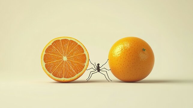 A tiny ant struggles to move heavy oranges.