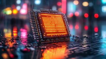Close-up view of a glowing microchip on a dark, reflective surface with raindrops and blurred colorful lights in the background creating a vibrant, tech-inspired atmosphere