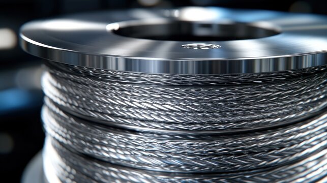 Close-up of metallic cable spool.  High-quality, industrial-grade cable wound tightly on a metal spool