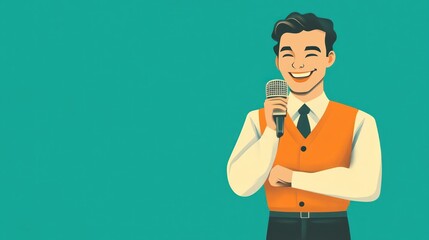 A cheerful speaker with a microphone dressed in a stylish outfit ready to engage an audience
